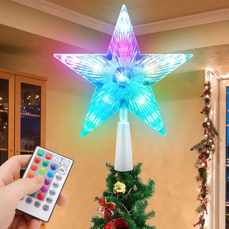 MAXROCK Christmas Tree Topper Star 7" LED Lighted Star Tree Top w/Remote Control, 5-Point Star RGB Night Light Treetop, Small Xmas Tree Decor for Christmas, USB Plug in/Wire 9.84Ft - Image 1